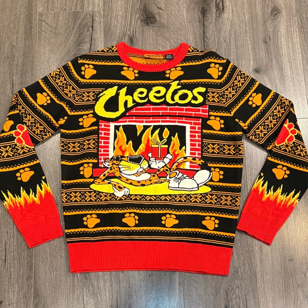 Hot Cheetos Men's Black and Red Ugly Christmas Sweater Chester Cheeto Holiday